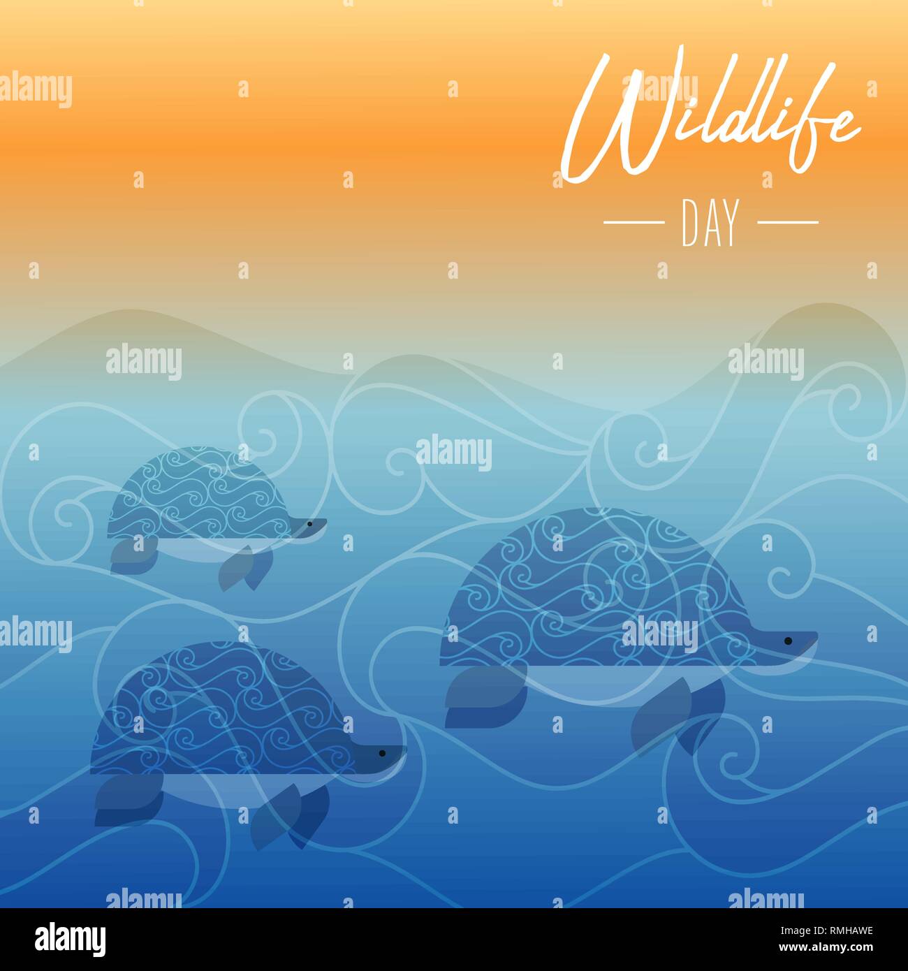 La fauna selvatica giorno illustrazione di tartarughe nuotare in acque dell'oceano al tramonto per la conservazione del mare consapevolezza. Illustrazione Vettoriale