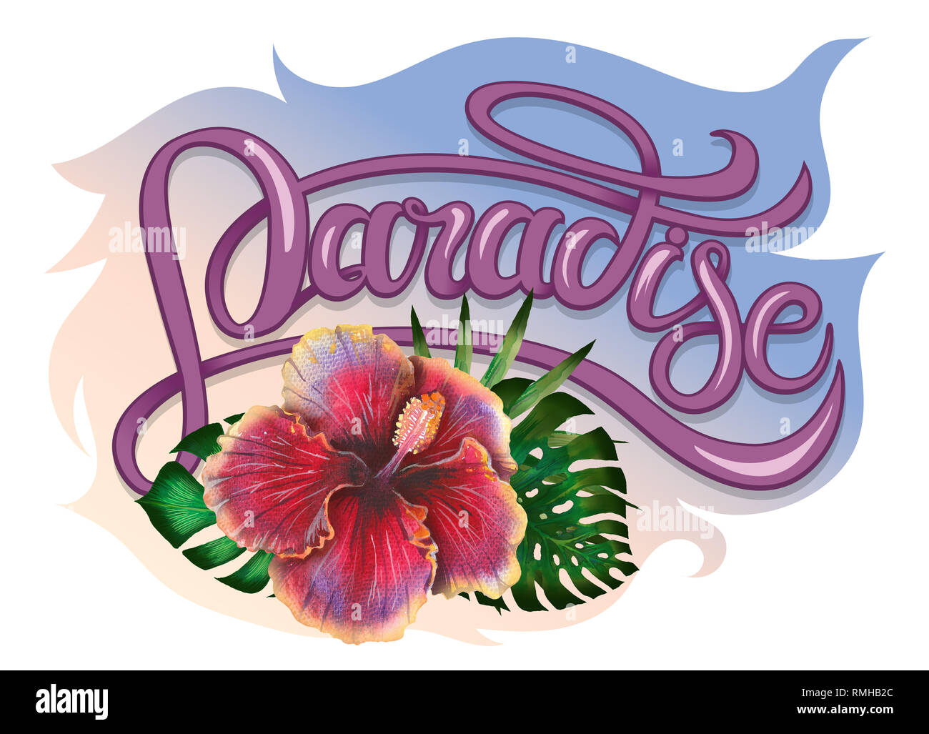 Estate design tropicale per banner o un volantino con esotiche palme, fiori di ibisco e handlettering. Foto Stock