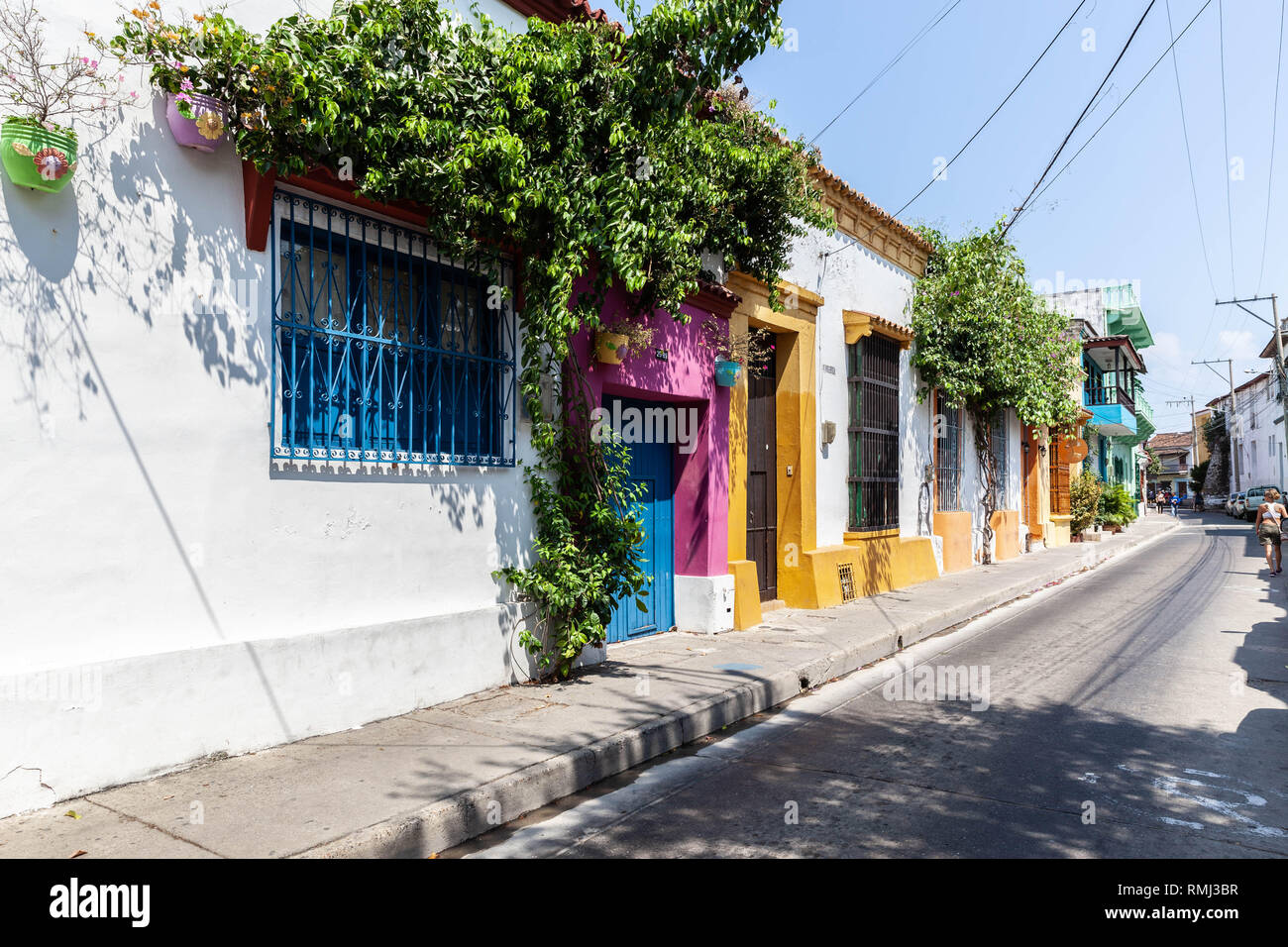 Le vecchie case in Calle de San Antonio, Barrio Getsemaní, Cartagena de Indias, Colombia. Foto Stock