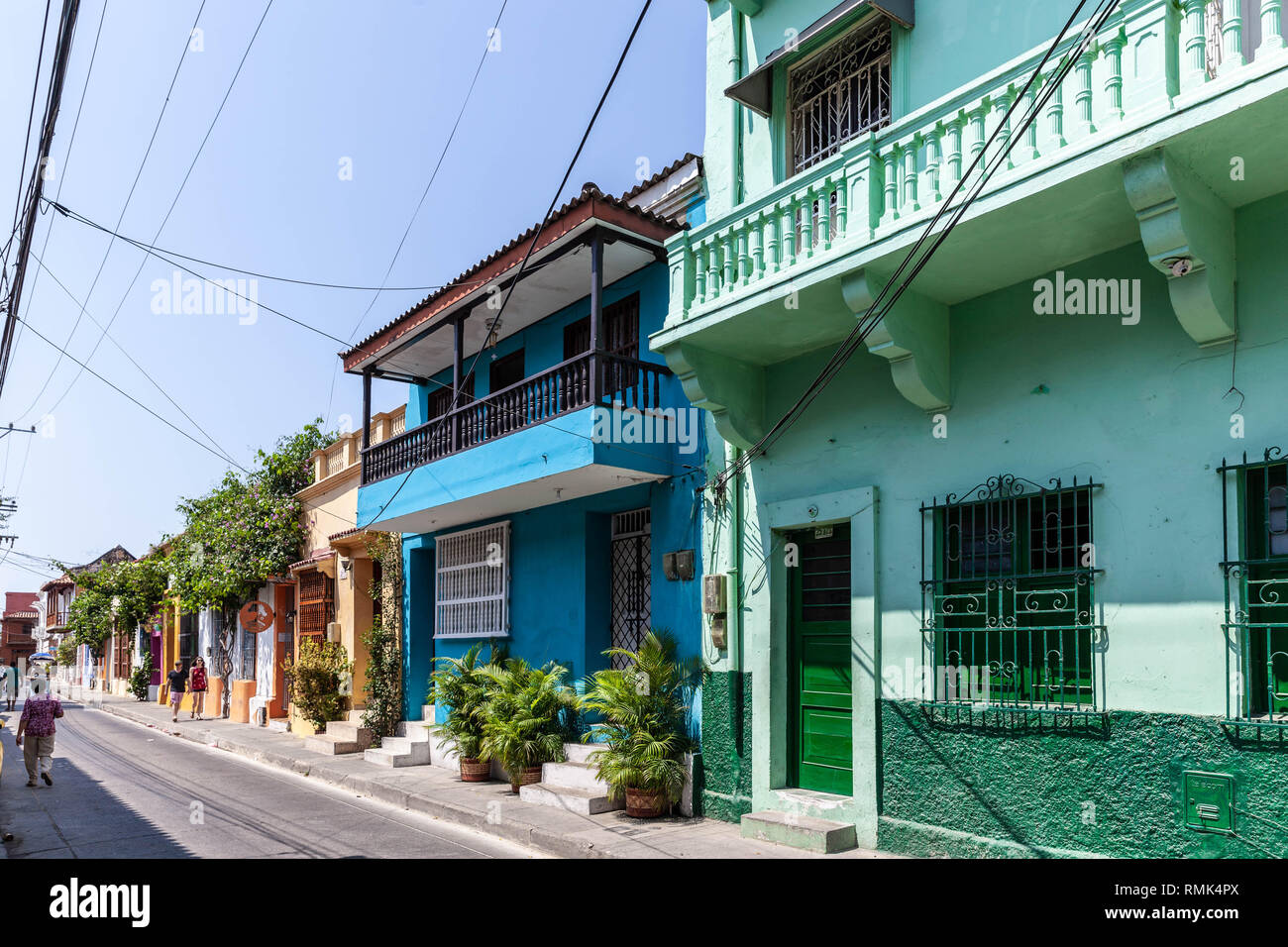 Le vecchie case in Calle de San Antonio, Barrio Getsemaní, Cartagena de Indias, Colombia. Foto Stock