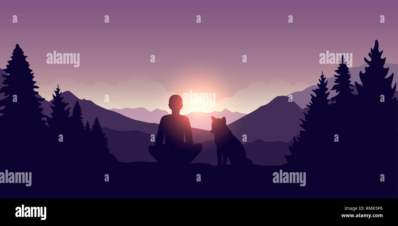 L uomo e il suo cane godetevi l'alba alla bella viola natura della montagna paesaggio illustrazione vettoriale EPS10 Illustrazione Vettoriale