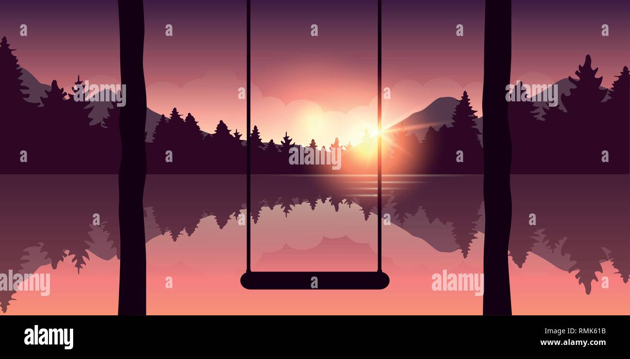 Swing in un bel rosso porpora la foresta e il lago di natura paesaggio a sunrise illustrazione vettoriale EPS10 Illustrazione Vettoriale