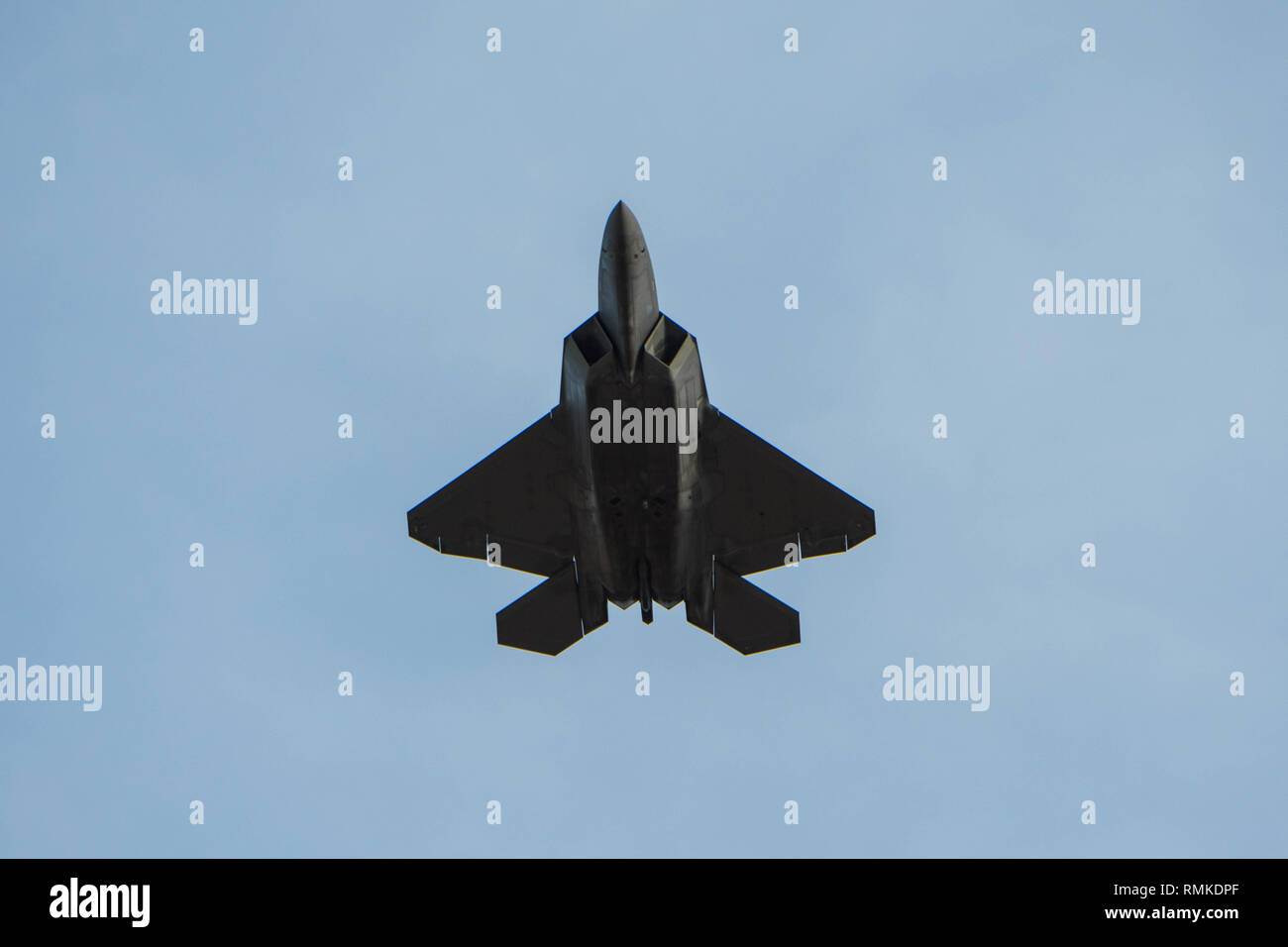 F-22 Demo Team pilota, grandi 'Loco" Lopez esegue durante una dimostrazione pratica del team su base comune Langley-Eustis, Febbraio 13th, 2019.Il team esegue precisione manovre aeree per mostrare le funzionalità del F-22 rapaci, nonché educare il pubblico circa la quinta generazione di aeromobili. Foto Stock