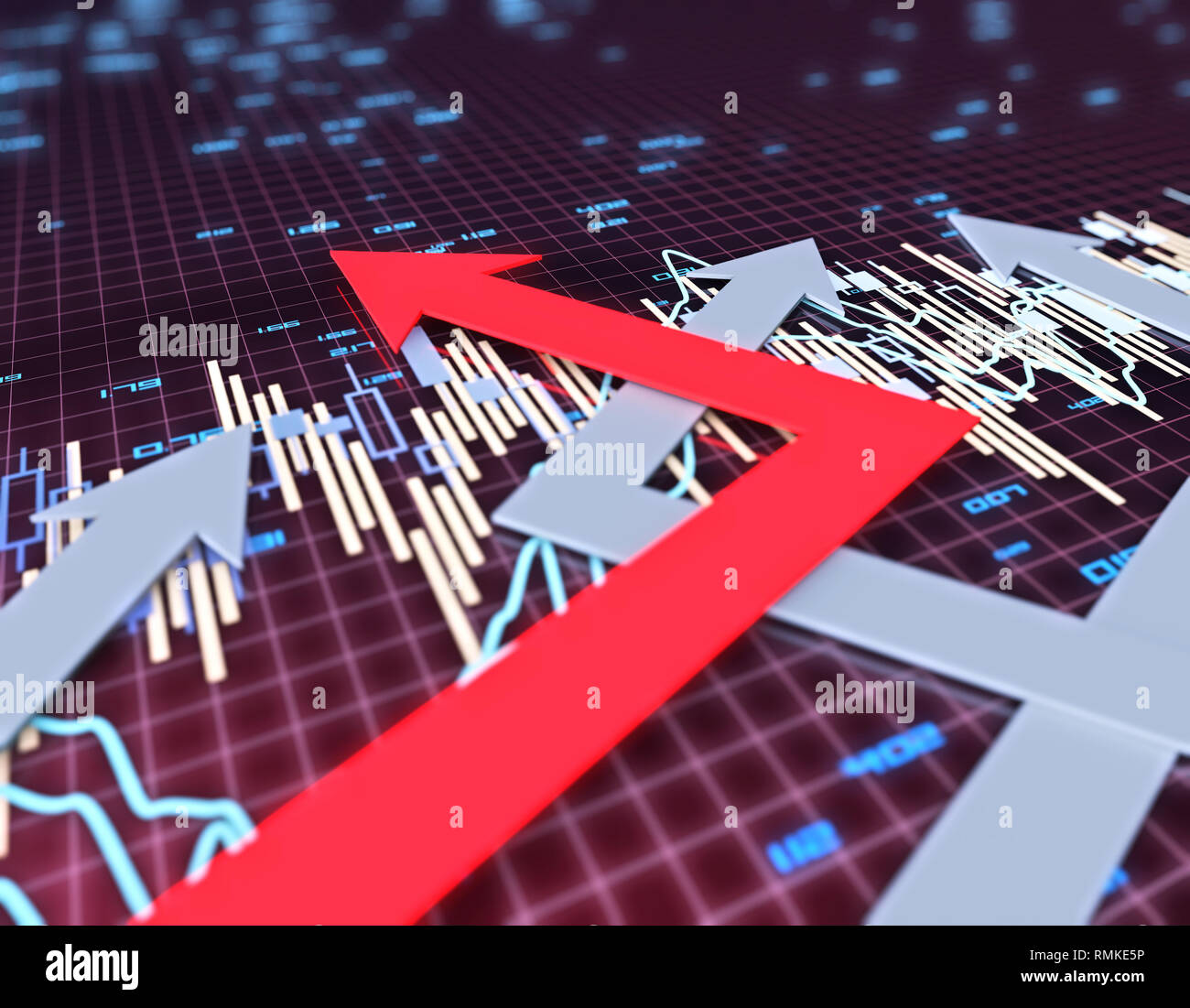 Grafico delle statistiche finanziarie di borsa con freccia di successo Foto Stock