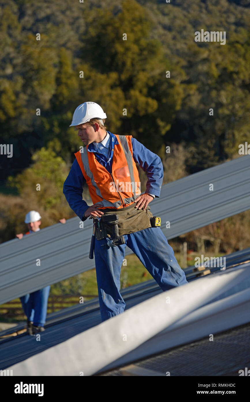 Un team di imprenditori mettere il tetto su un grande edificio commerciale Foto Stock