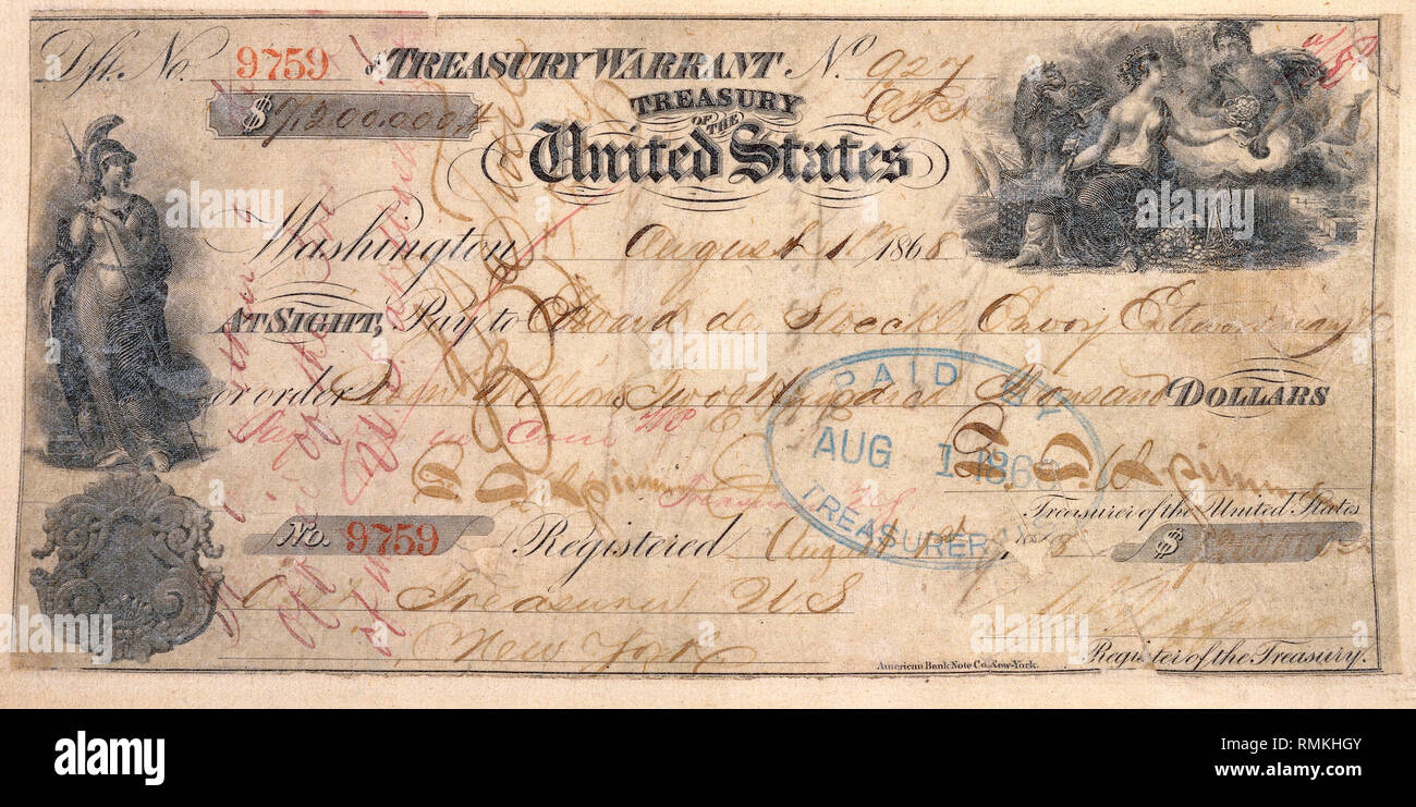 Con questo controllo, gli Stati Uniti hanno completato l'acquisto di quasi 600.000 miglia quadrate di terra da parte del governo russo. Questo tesoro mandato rilasciato il 1 agosto 1868, all'Sub-Treasury edificio a 26 Wall Street, New York New York, trasferito $7,2 milioni al Ministro russo negli Stati Uniti Edouard de Stoeckl. Il prezzo di acquisto del quarantanovesimo stato? Meno di due centesimi un acro. Foto Stock