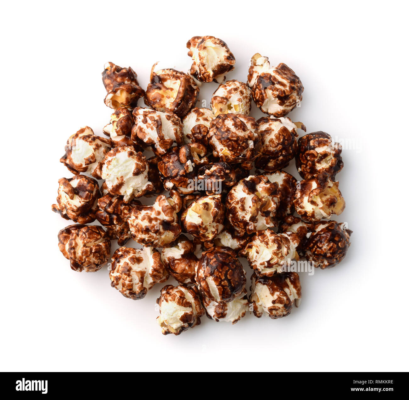 Vista superiore del cioccolato popcorn isolato su bianco Foto Stock