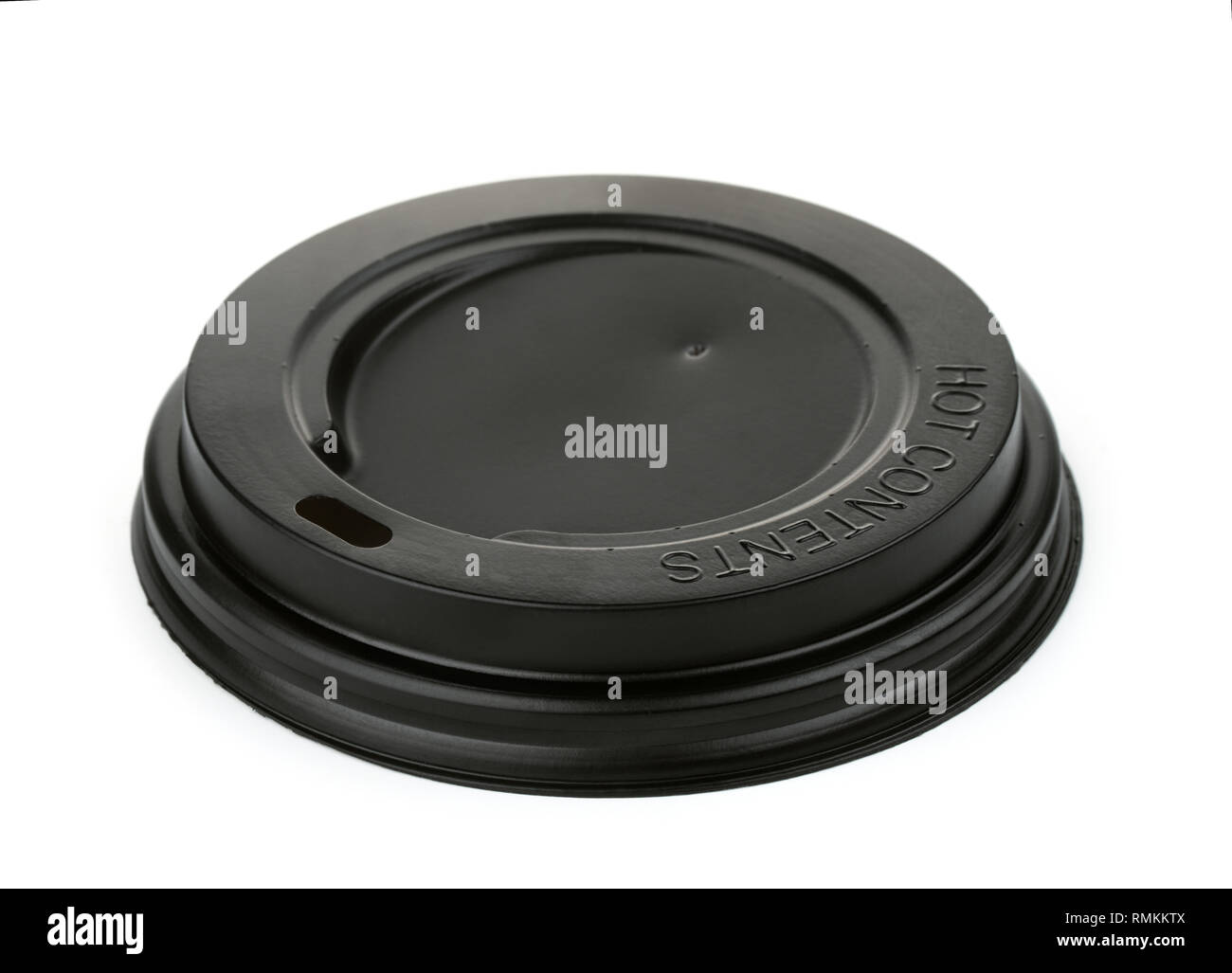 In plastica nera caffè usa e getta Coperchio tazza isolata su bianco Foto Stock