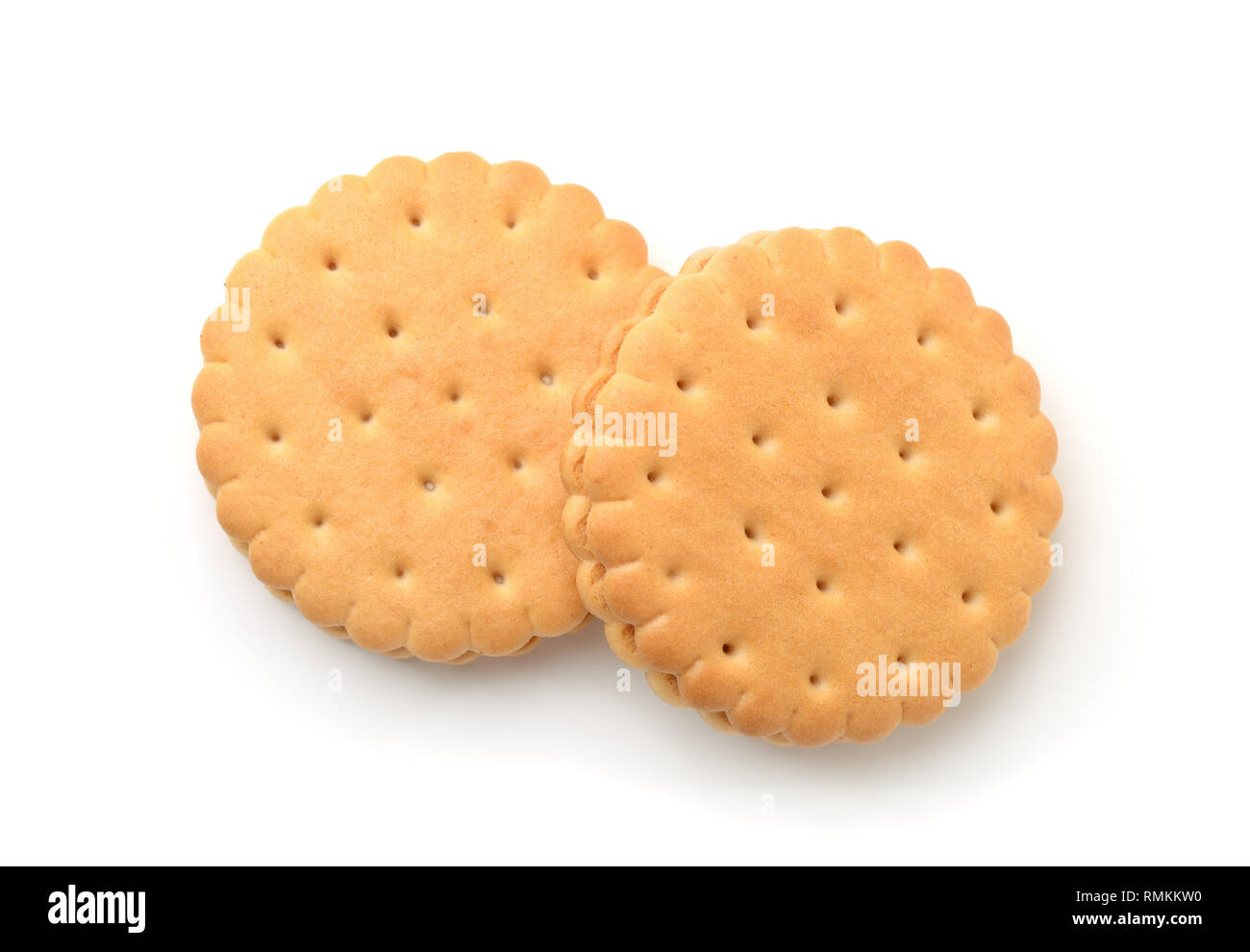 Vista superiore del sandwich di due cracker su bianco Foto Stock