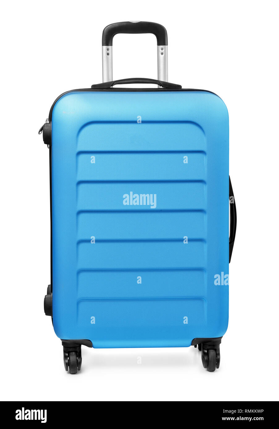 Vista frontale del blu valigia in plastica isolato su bianco Foto Stock