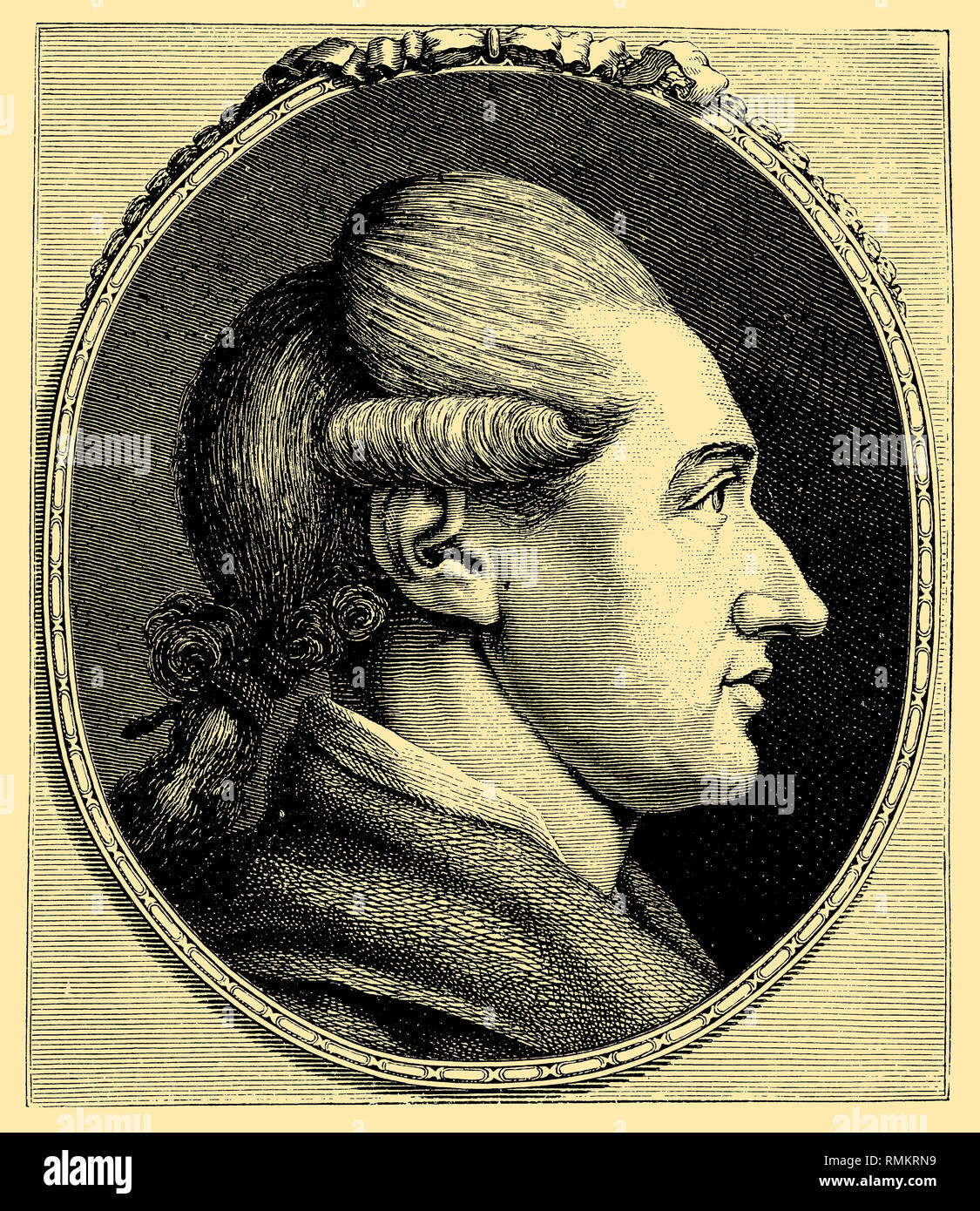 Goethe, Johann Wolfgang von (Francoforte sul Meno 1749 - Weimar 1832), nobilitata nel 1782, il poeta tedesco e naturalista, circa l'età di 28. Ritratto in incisione su rame in Lavater 'Physiognomischen Fragmenten', 1777, 1899 Foto Stock