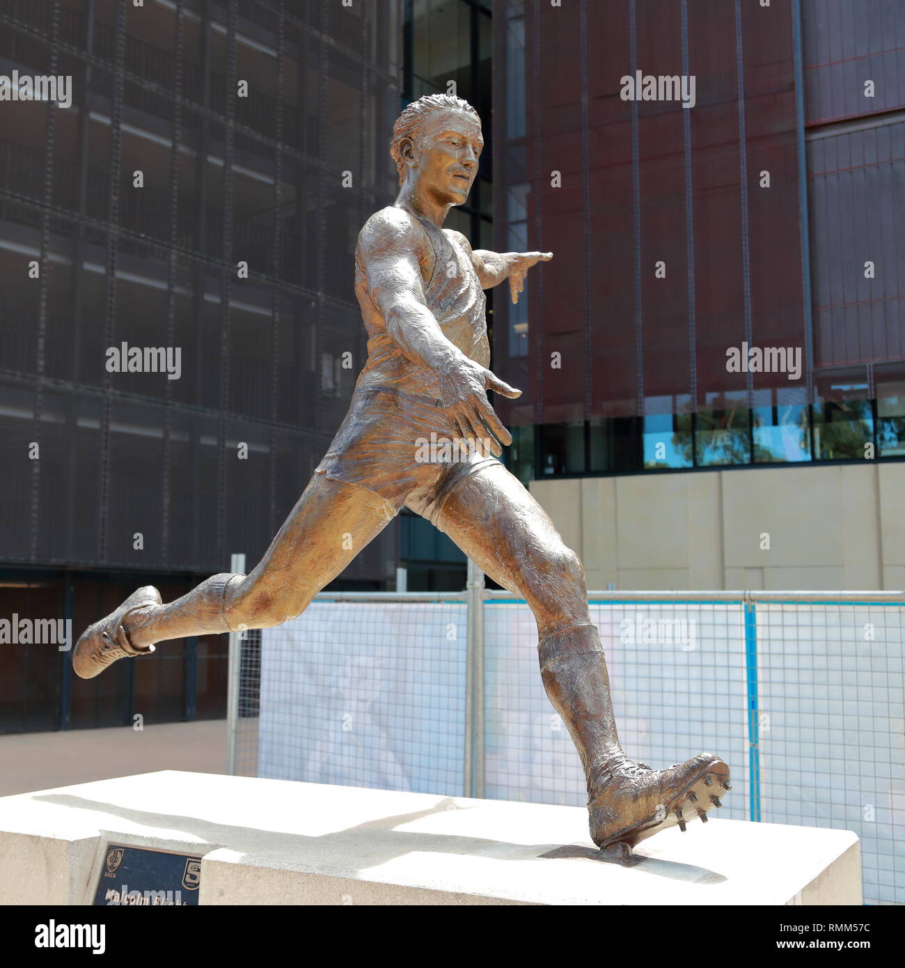 Statua di Australian Football player Malcolm batterico in parte anteriore del Adelaide Oval, Sud Australia Foto Stock