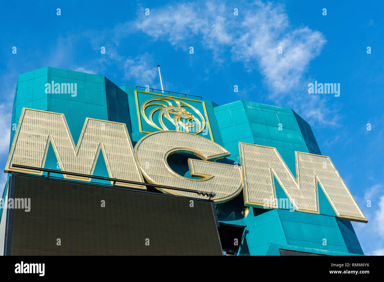 Las Vegas, Nevada, Stati Uniti d'America - 11 gennaio 2017. MGM segno sulla facciata di di MGM Grand Hotel e Casinò di Las Vegas NV. Foto Stock