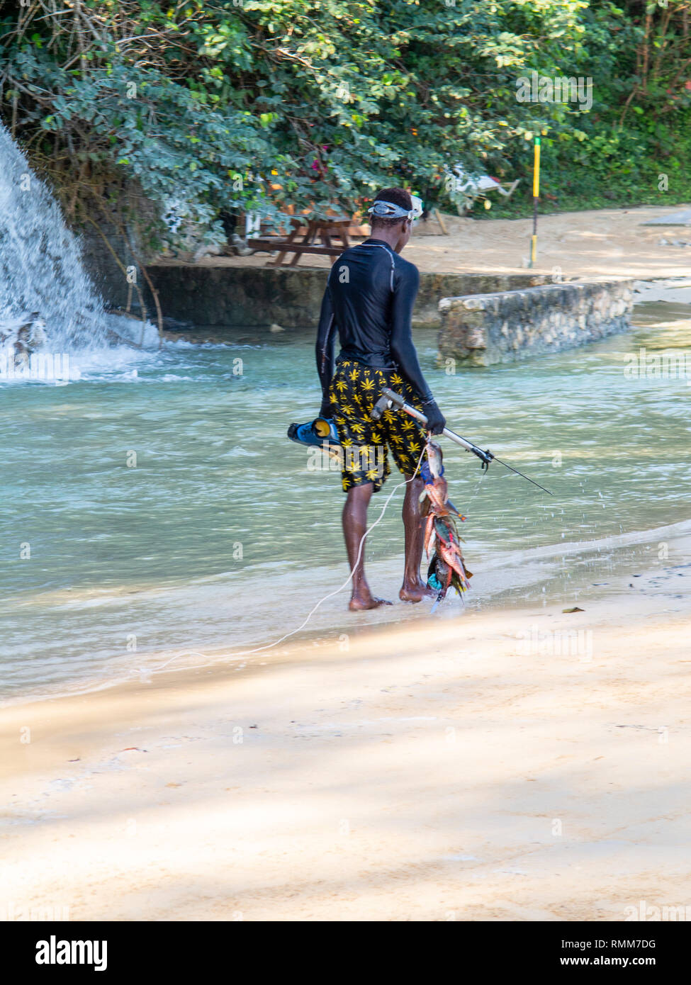 Ocho Rios Giamaica -4 Febbraio 2019: uomo sulla spiaggia con lancia pesca di cattura Foto Stock