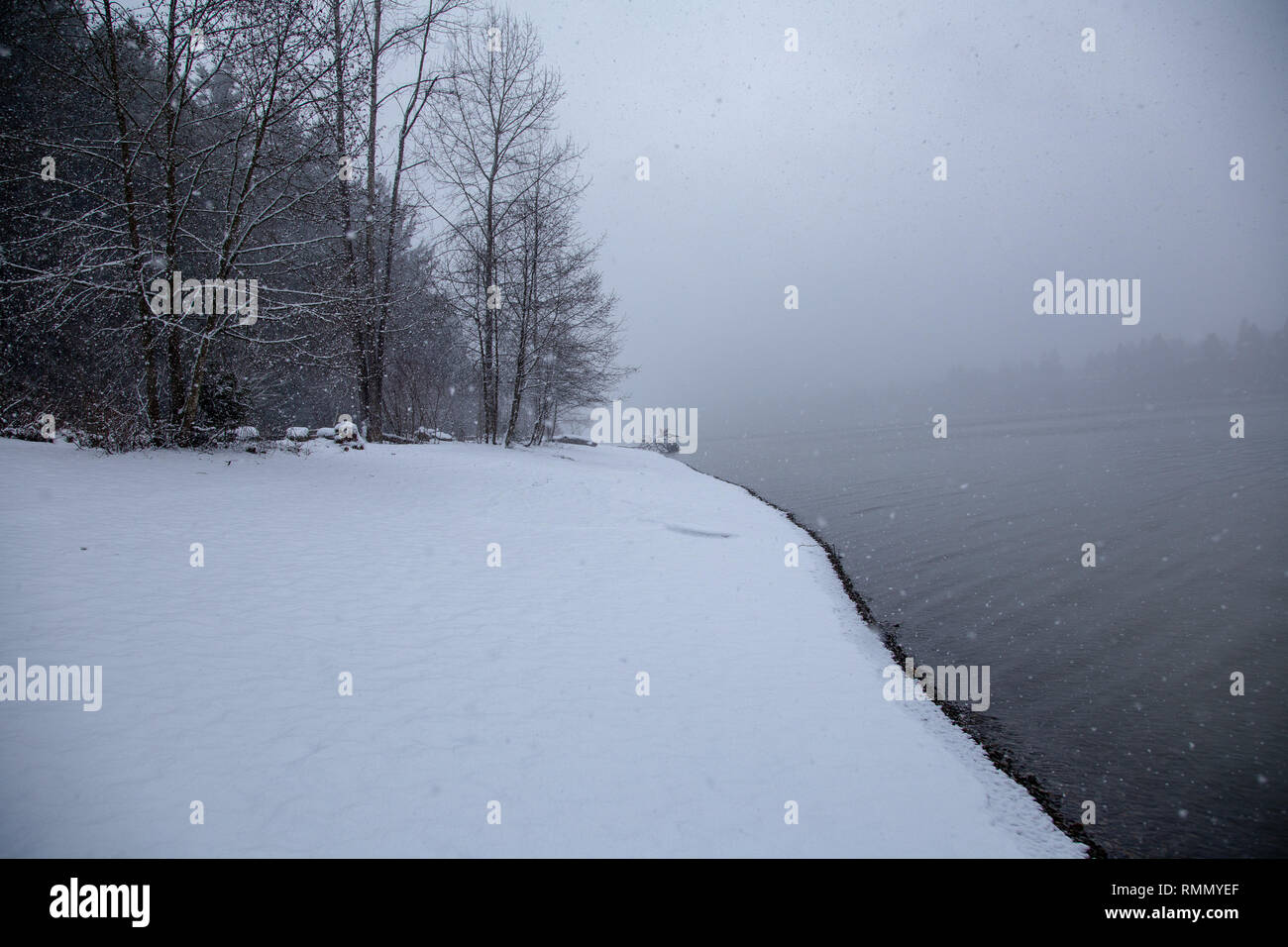Tempesta di neve lungo il fiume Foto Stock