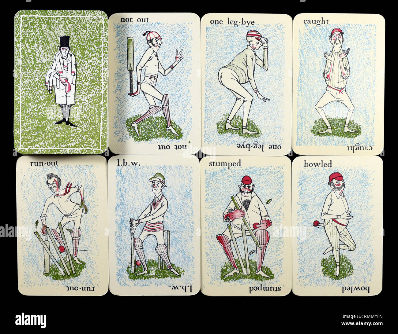 Set completo di battitore di carte da gioco dalla vendemmia cricket gioco di scheda di GOOGLY da Smith & Hallam Ltd di Londra. Isolato su sfondo nero. Foto Stock