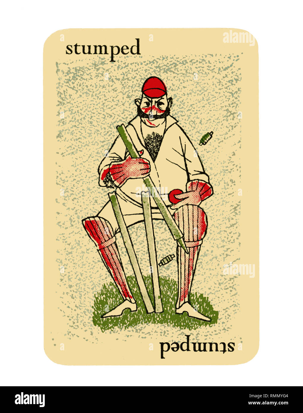 Singola scheda 'STUMPED' da un'annata cricket gioco di scheda di GOOGLY da Smith & Hallam Ltd di Londra. Isolato su sfondo bianco Foto Stock