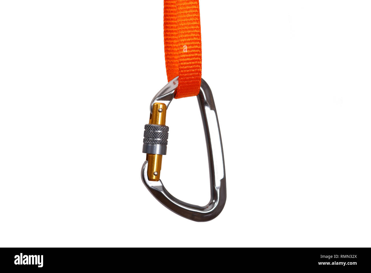 Moschettone arrampicata con meccanismo di bloccaggio di sicurezza allegate a un arancione nastro di nylon Foto Stock