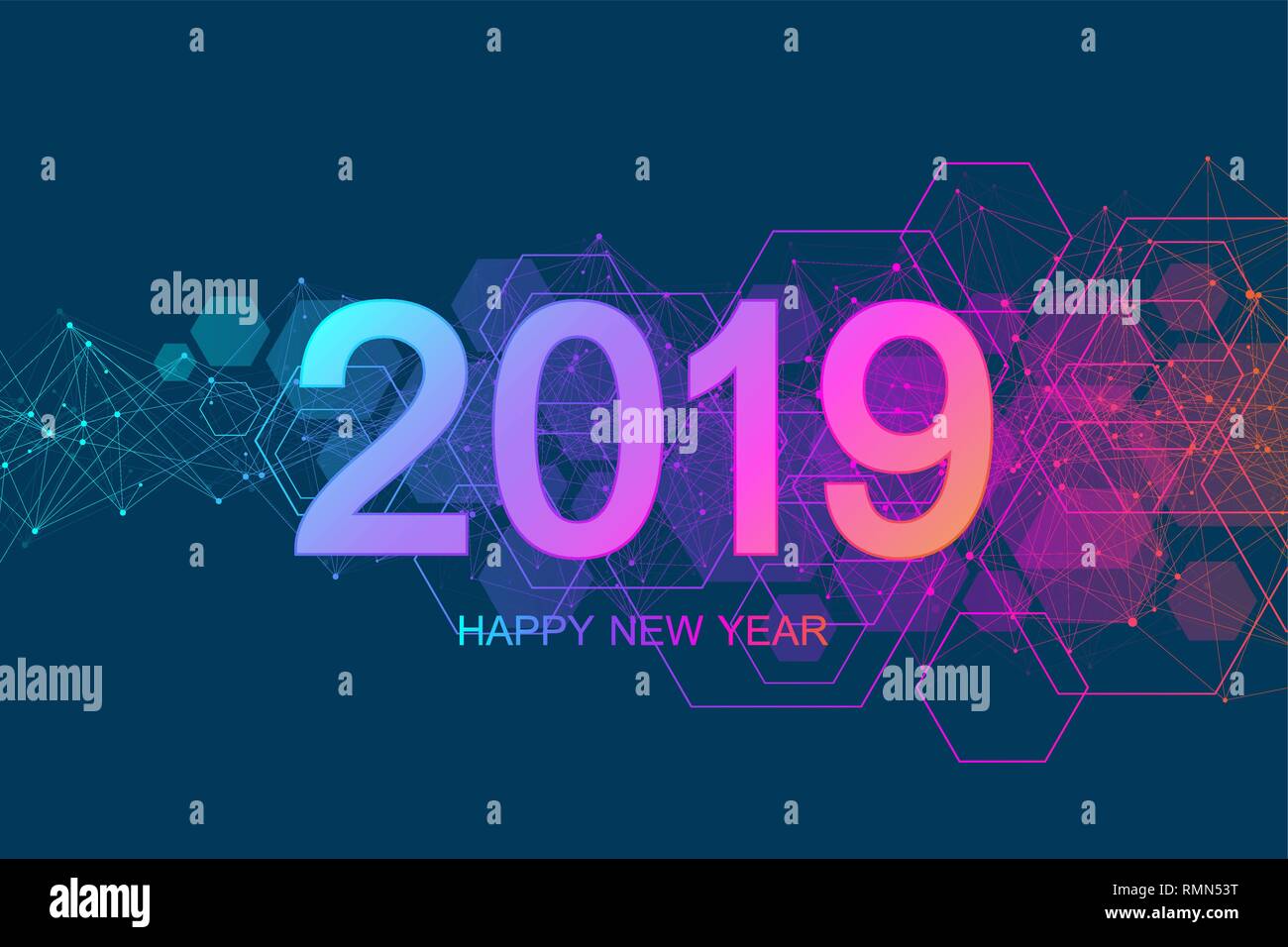Buon Natale e Felice Anno Nuovo 2019 bigliettino. Moderno modello futuristico per 2019. Digital per la visualizzazione di dati. Business Technology concept Illustrazione Vettoriale