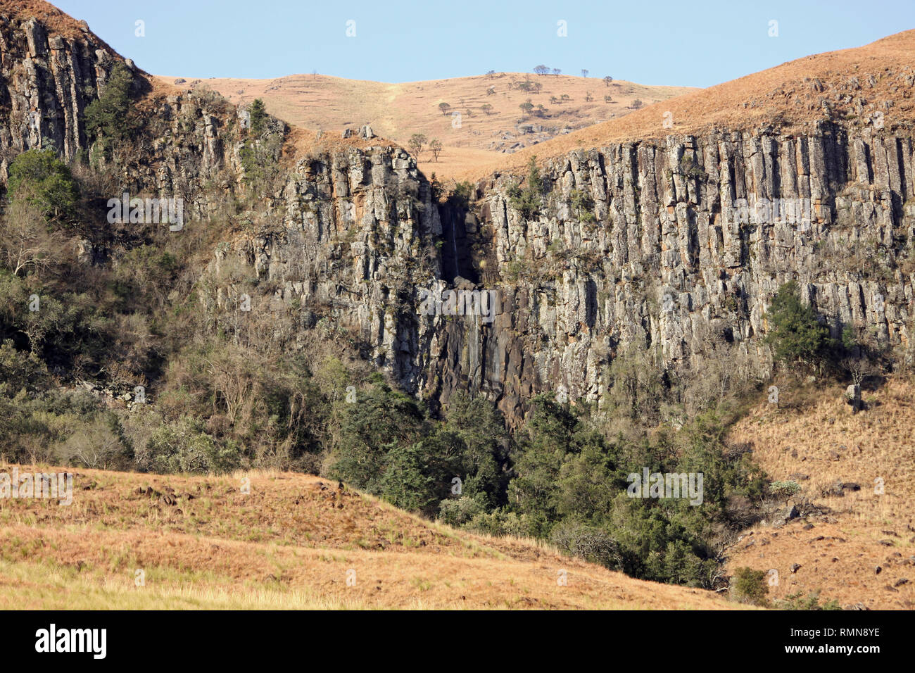 Colonne di basalto in Drakensburg Mountains, Kwazulu Natal, Sud Africa Foto Stock