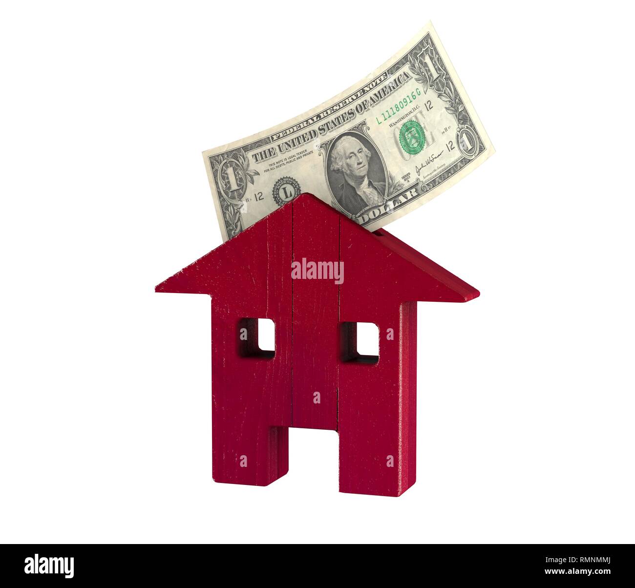 Red casa in legno e un dollaro, investimenti, comprare e vendere. Mutui e prestiti. Concetto. Il rendering 3D Foto Stock