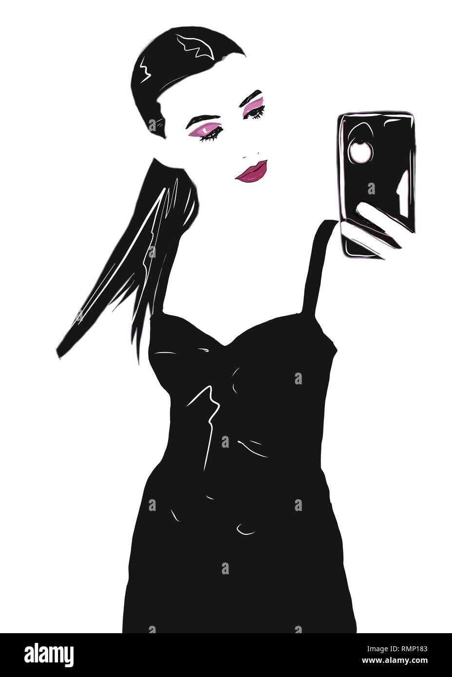 Moda ragazza o una donna con lunghi capelli neri e little black dress rendendo selfie. Foto Stock