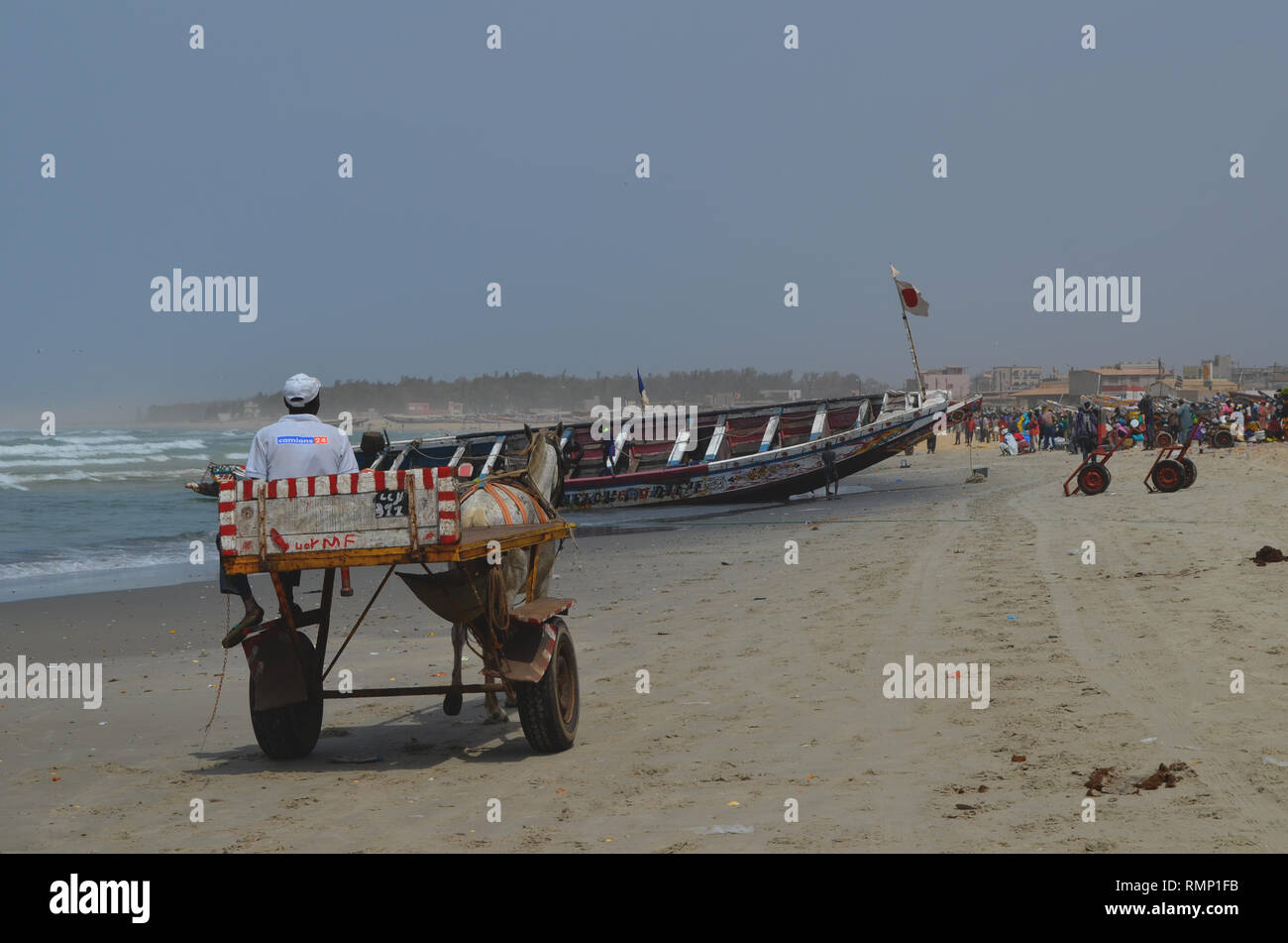 Piroghe utilizzate nella pesca alacce nella spiaggia di Kayar, Senegal Africa occidentale Foto Stock