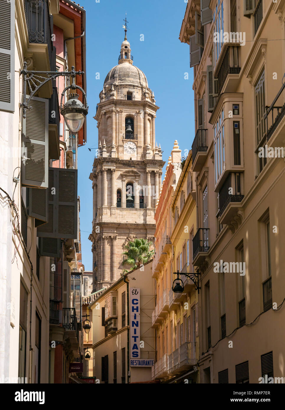 Vista del Campanile della Cattedrale di Malaga lungo la strada stretta, Malaga città vecchia, Andalusia, Spagna Foto Stock