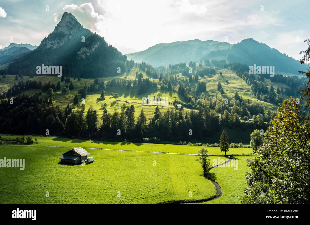 Alpi bernesi, Svizzera, Kiental con prati e boschi e montagne Foto Stock