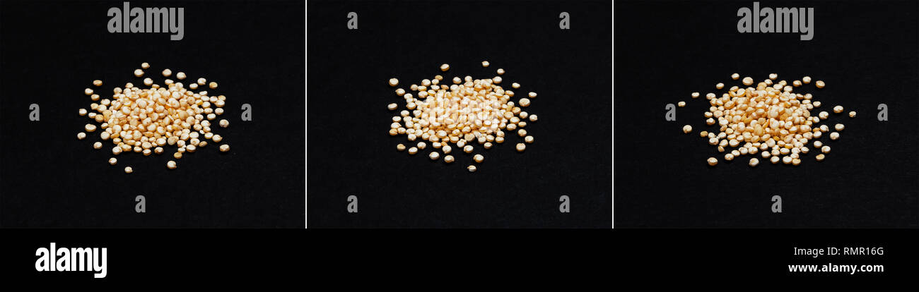 La quinoa semi. Cumulo di healthy white quinoa grani isolati su sfondo nero, close-up Foto Stock