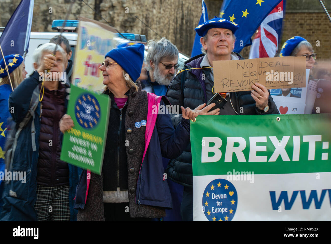 Brexit contestatori fuori del Parlamento il 14 Feb 2019 Foto Stock