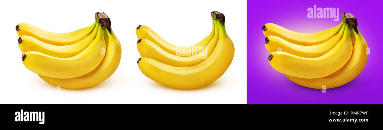 Grappolo di banane isolato su bianco e lo sfondo viola Foto Stock