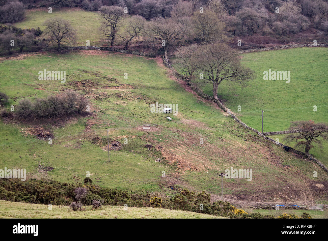 Vista guardando verso il basso lungo i campi Derbyshire Foto Stock