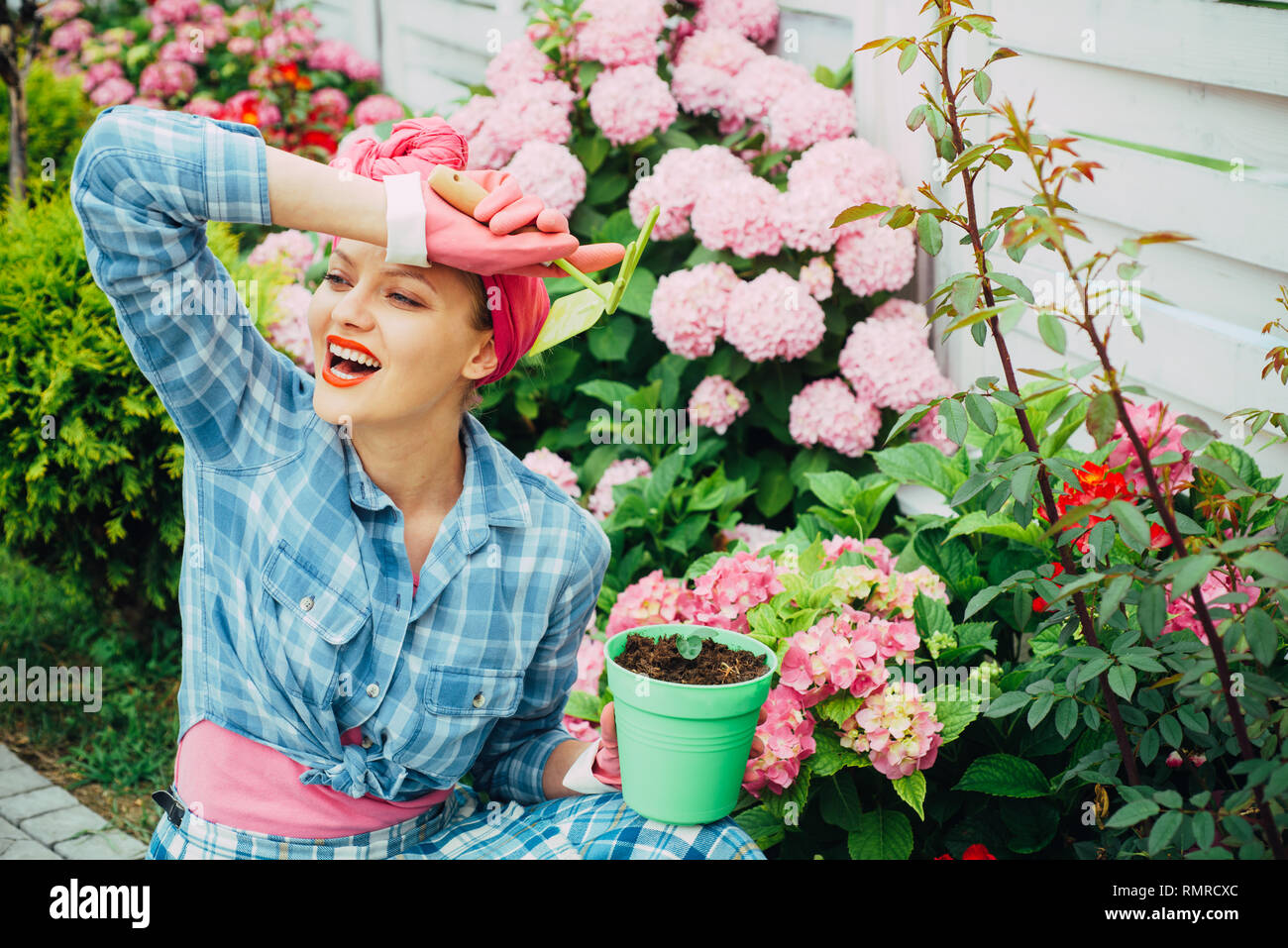 La cura dei fiori e irrigazione. suoli e fertilizzanti. hydrangea. La primavera e l'estate. donna felice giardiniere con fiori. donna cura dei fiori nel giardino Foto Stock