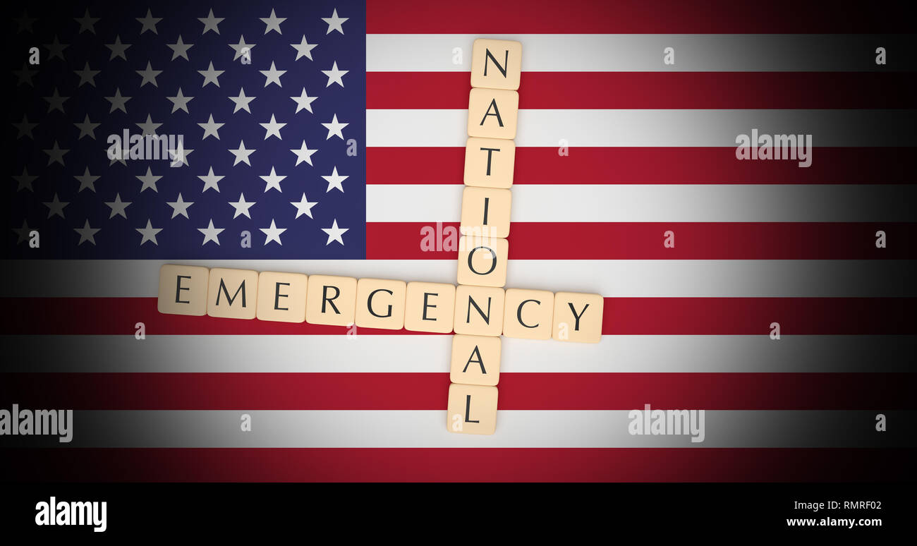 USA la politica News Concept: Lettera di piastrelle di emergenza nazionale a noi bandiera, 3d illustrazione Foto Stock