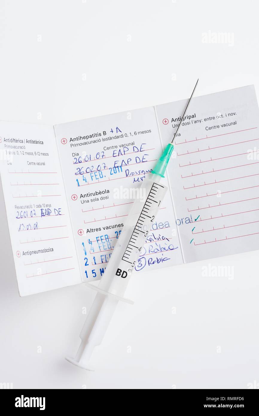Viaggio certificato di vaccinazione con la siringa. Foto Stock
