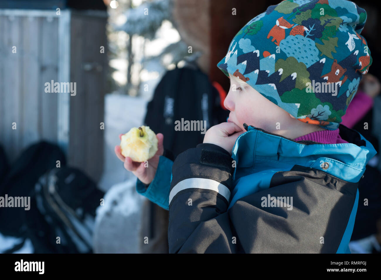 La Svezia, sci può essere un mezzo di trasporto, una attività ricreative o un competitivo sport invernali in cui il partecipante utilizza gli sci a scivolare sulla neve. Foto Stock