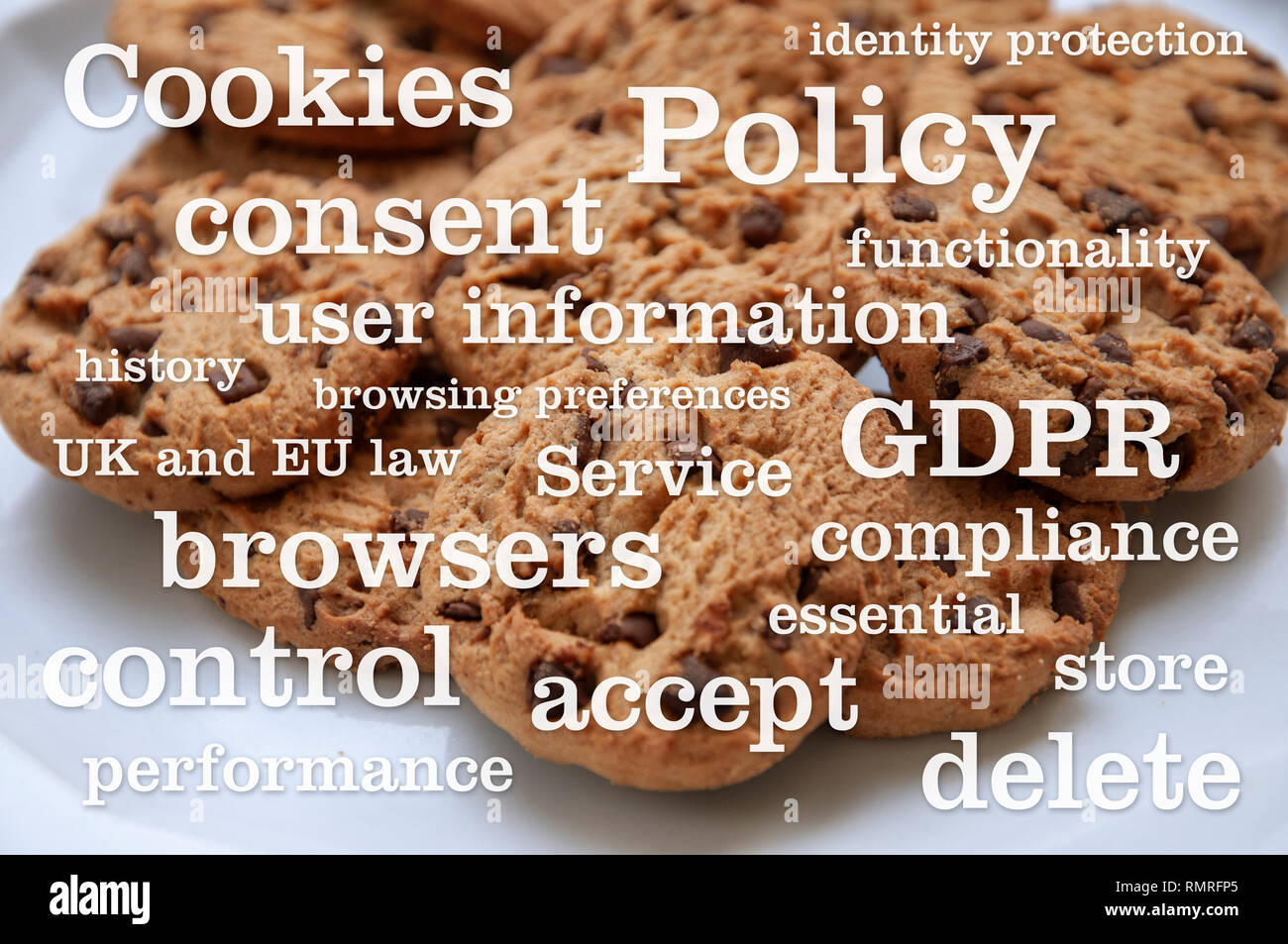 Politica sui cookie. Un illustrational foto di Cookie (o cookie) Politica come visualizzato su siti web che utilizzano i cookie per tenere traccia di uso del browser delle sue pagine. Foto Stock