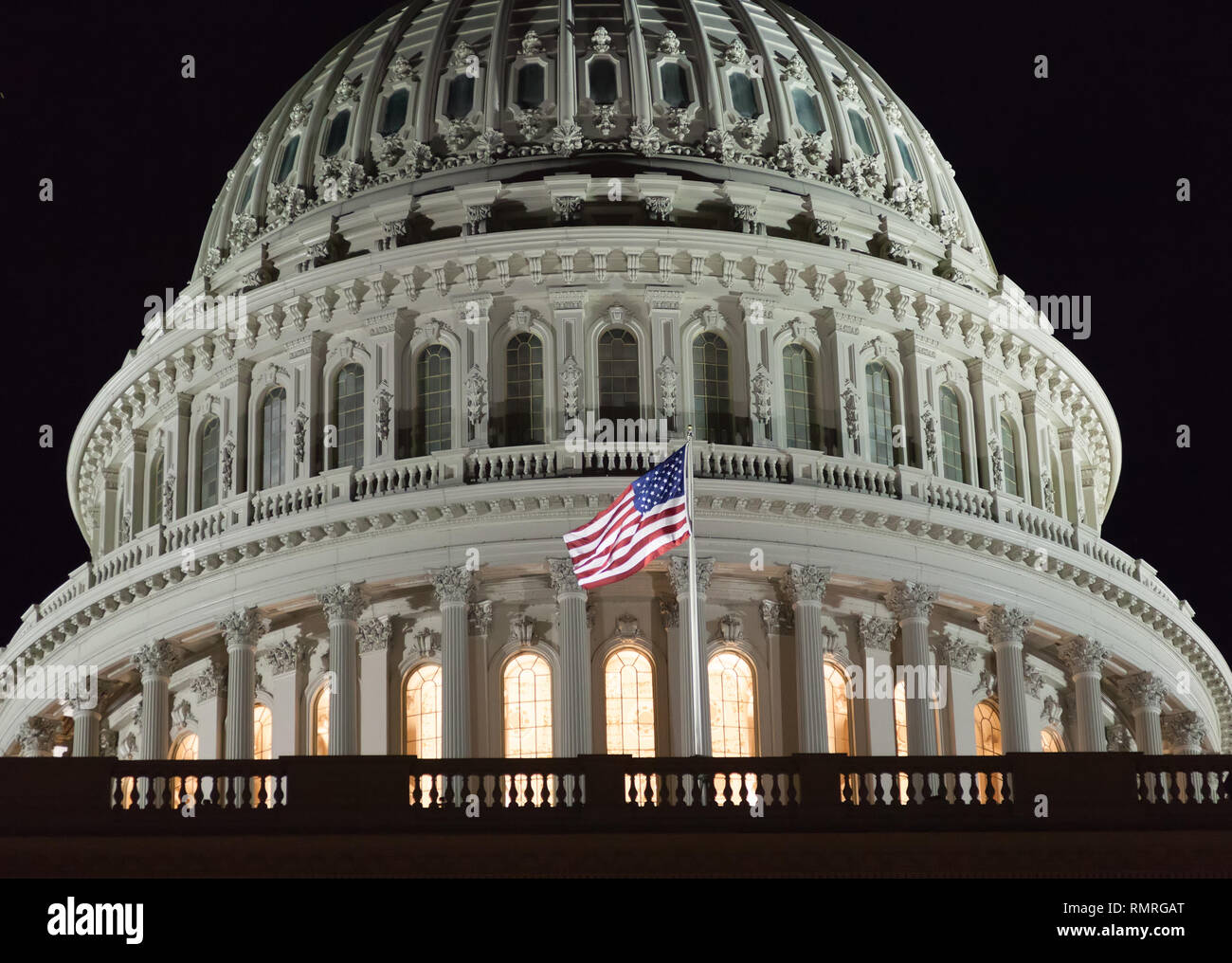 Campidoglio degli Stati Uniti durante la notte. USA Capitol Building. Congresso degli Stati Uniti. Cupola di close-up. Foto Stock