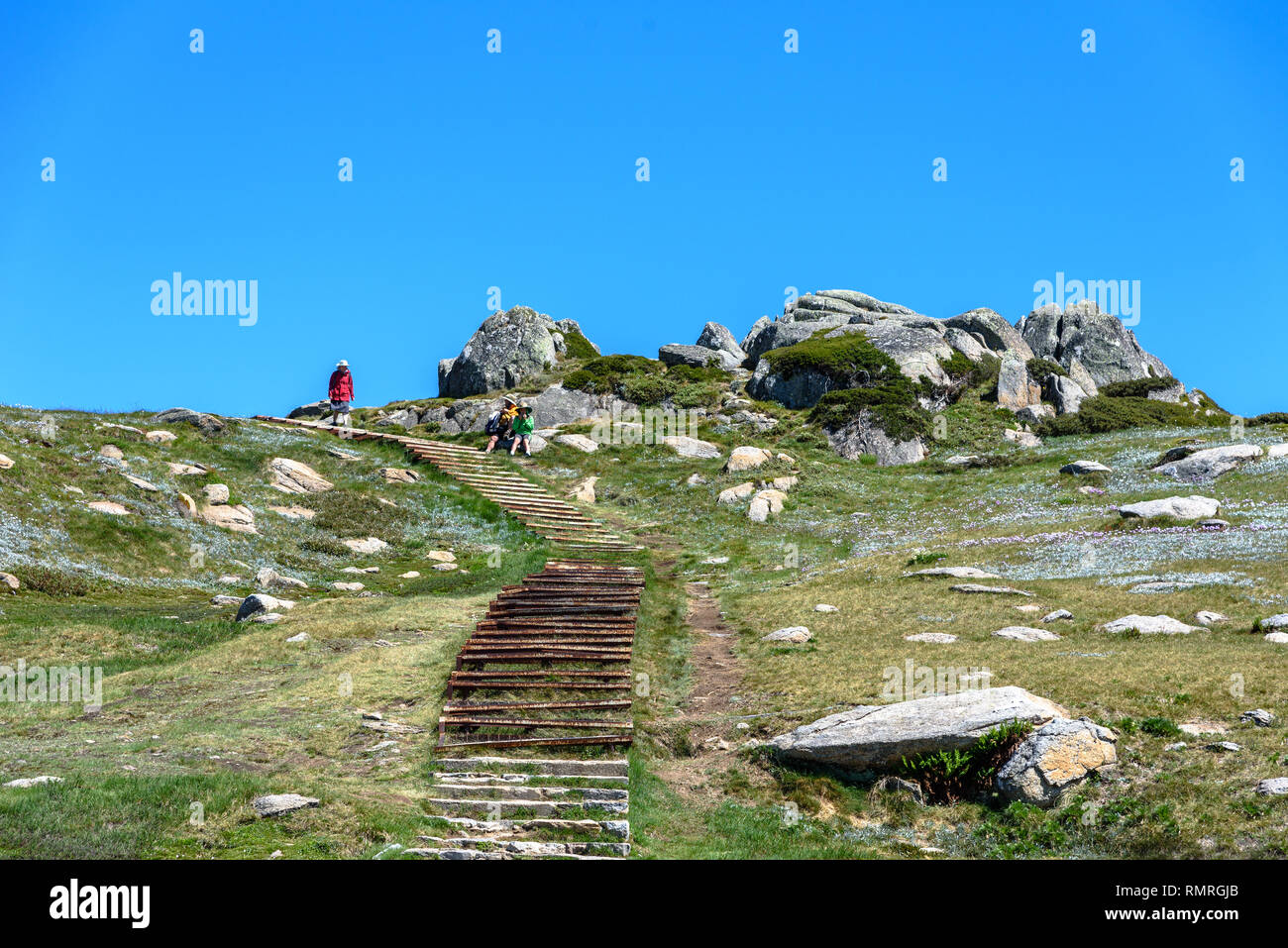 Il percorso che conduce fino al Monte Kosciuszko nelle montagne innevate in estate Foto Stock