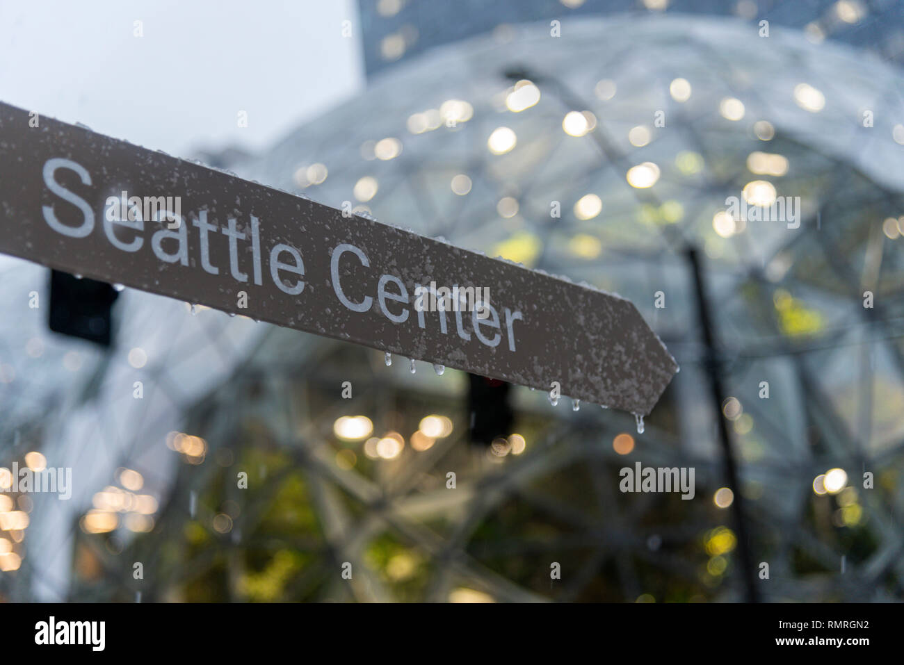 Seattle, Washington circa inverno 2019 la società Amazon la sede mondiale di sfere campus green house terrarium uffici durante una rara tempesta di neve. Foto Stock