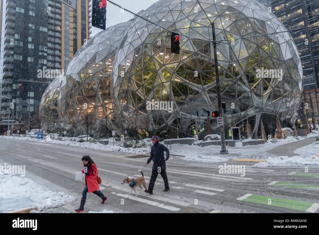 Seattle, Washington circa inverno 2019 la società Amazon la sede mondiale di sfere campus green house terrarium uffici durante una rara tempesta di neve. Foto Stock