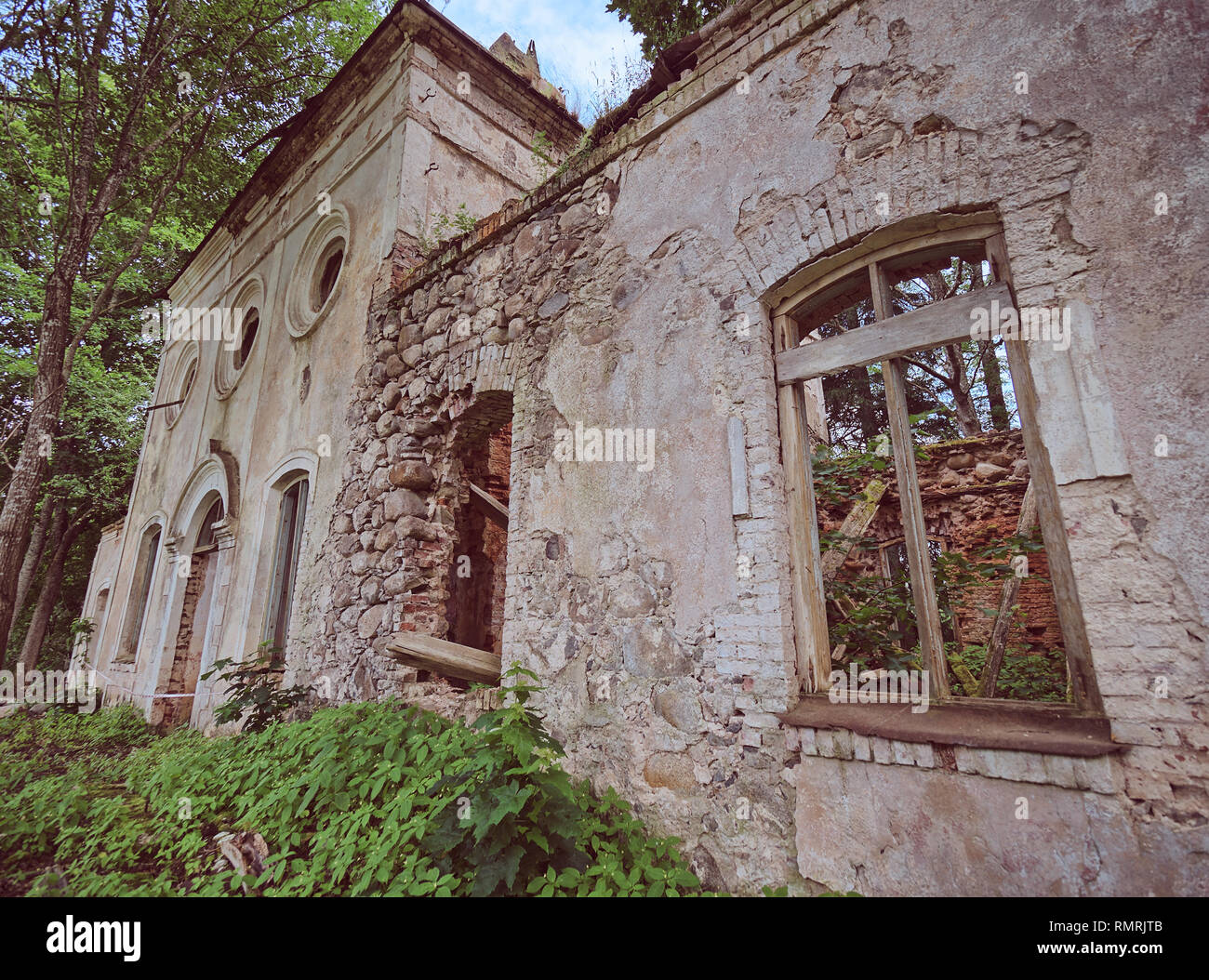 Vecchio abbandonato la Chiesa di San Nicola ruderi in Estonia. Il lussureggiante fogliame degli alberi e foreste che coprono la bellezza di questo antico edificio rovinato. Foto Stock
