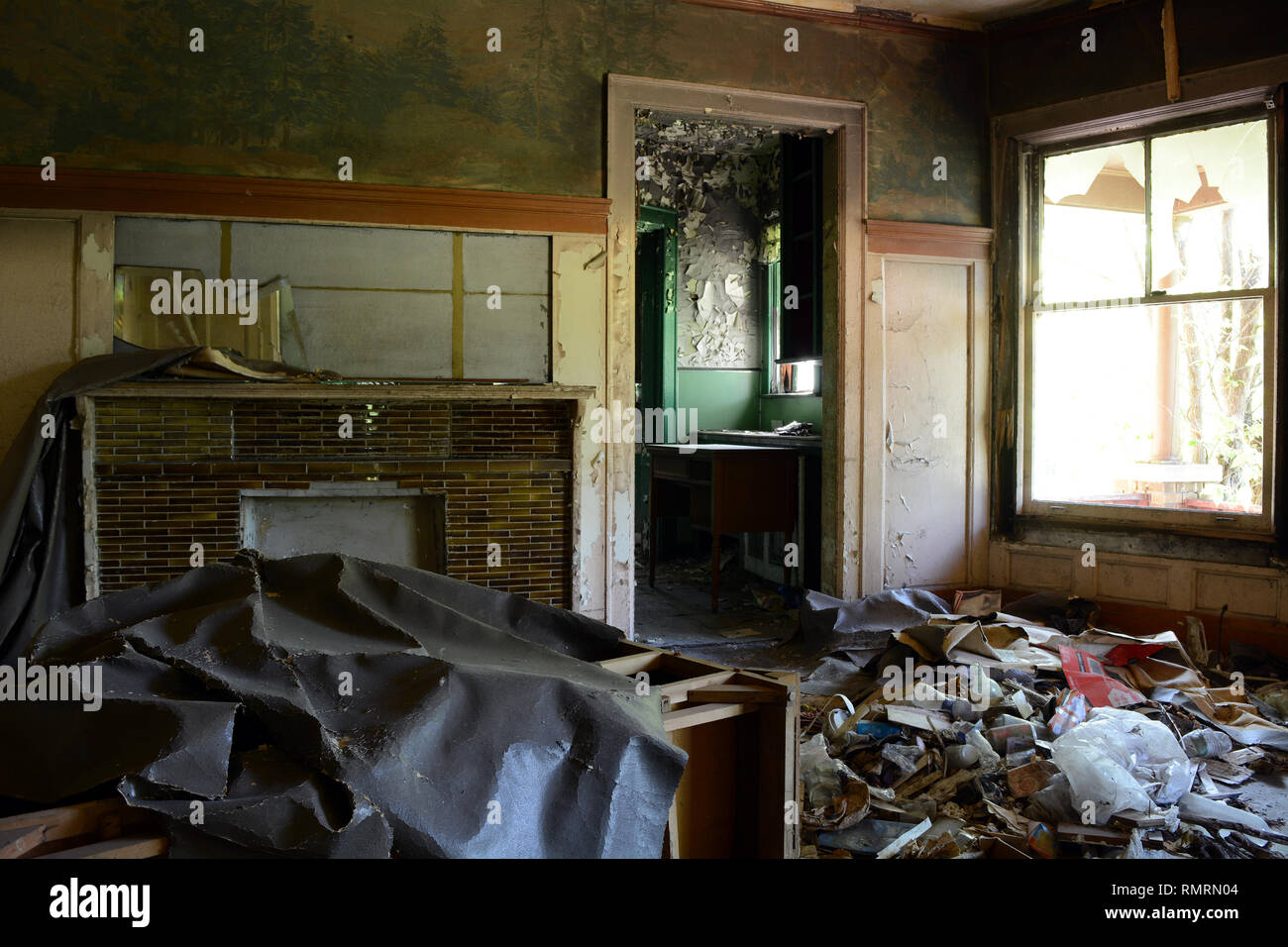 Edificio abbandonato - Camera in disuso con Camino pieno di detriti A Detroit Foto Stock