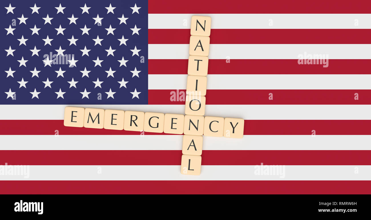 USA la politica News Concept: Lettera di piastrelle di emergenza nazionale a noi bandiera, 3d illustrazione Foto Stock
