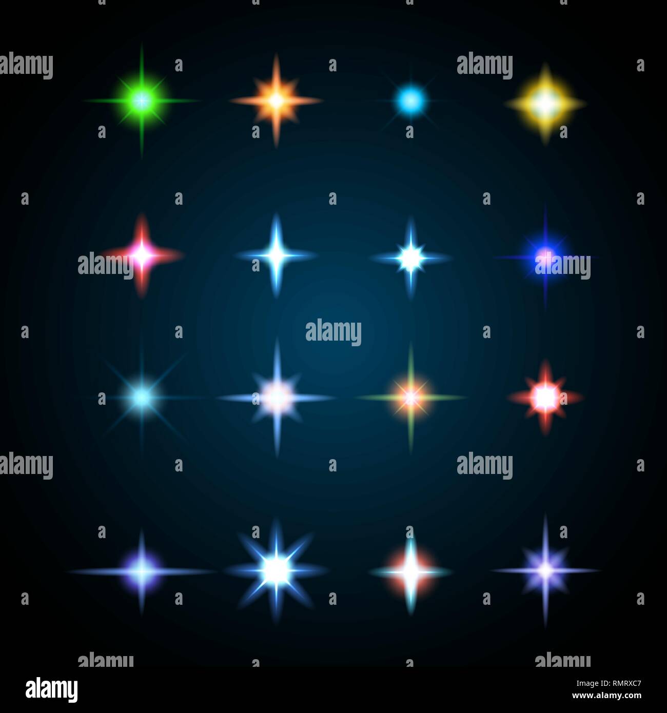 Abbagliamento, evidenziare set. Raccolta di razzi lente diversi colori. Illustrazione Vettoriale