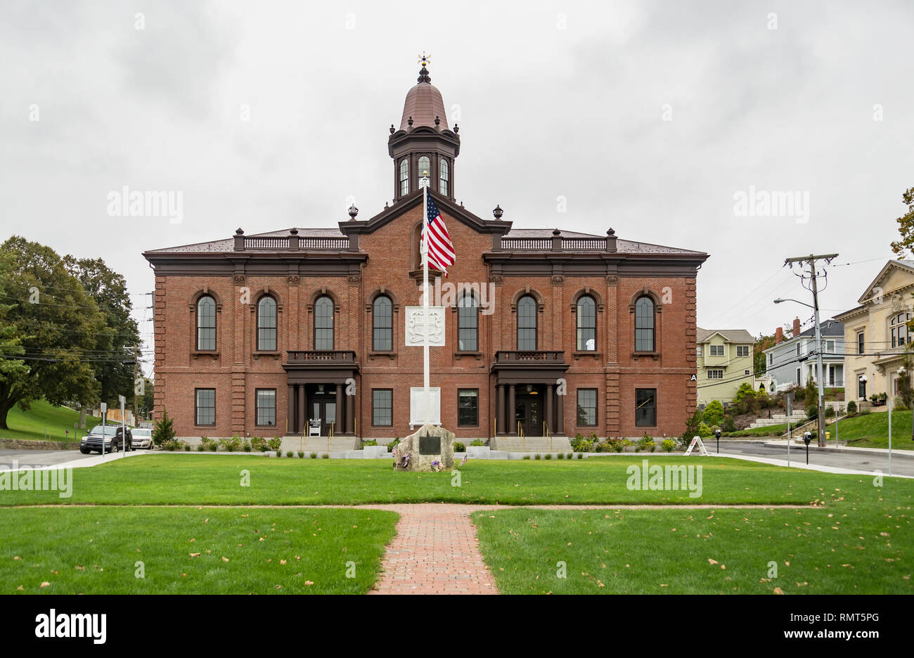 La facciata della città storica di Hall, Plymouth, MA USA Foto Stock