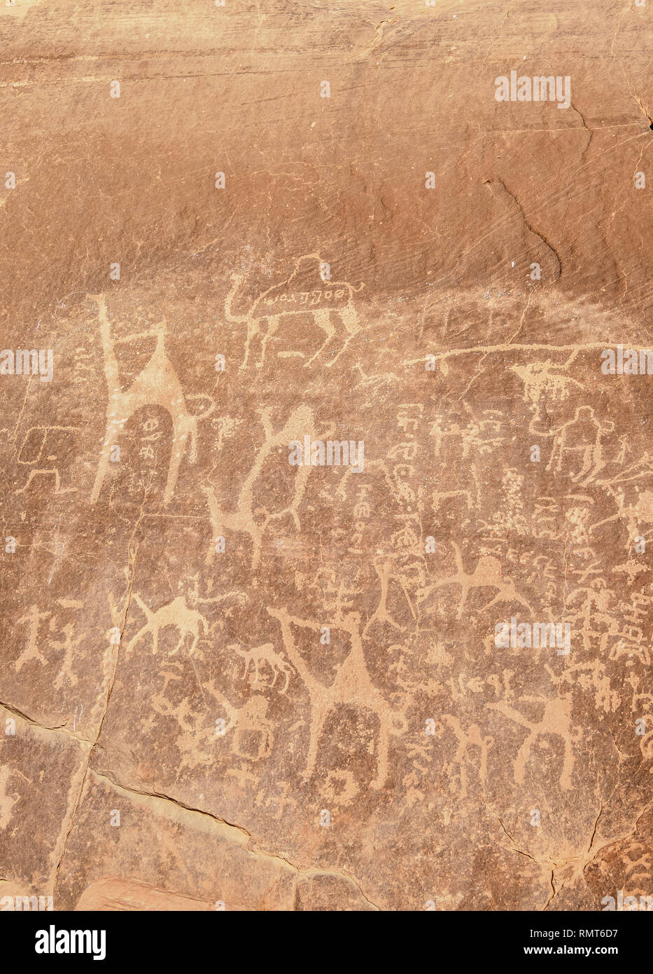 Incisioni rupestri a Wadi Rum, Governatorato di Aqaba, Giordania Foto Stock