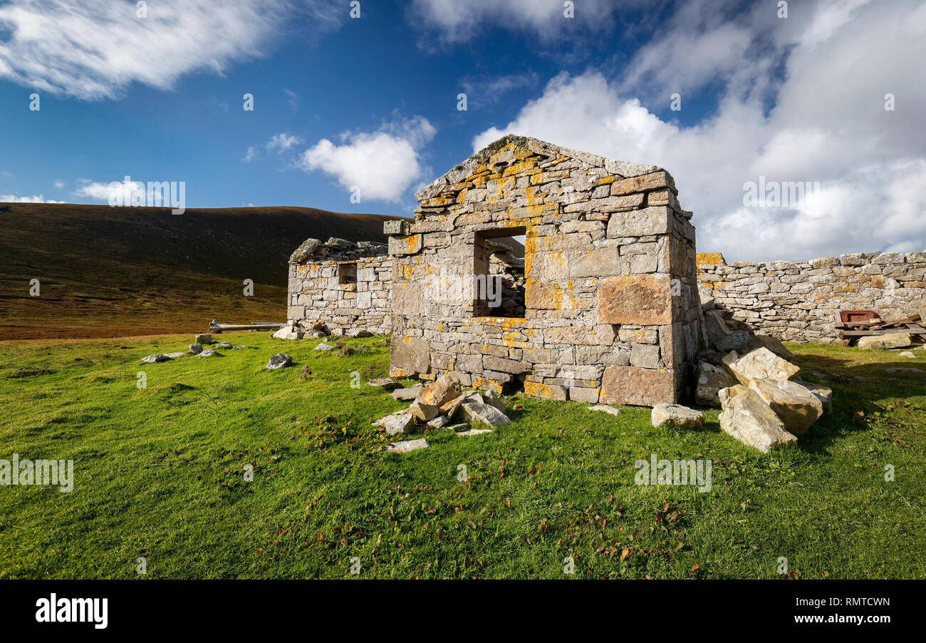 Una rovina croft house su Foula, Shetland Foto Stock