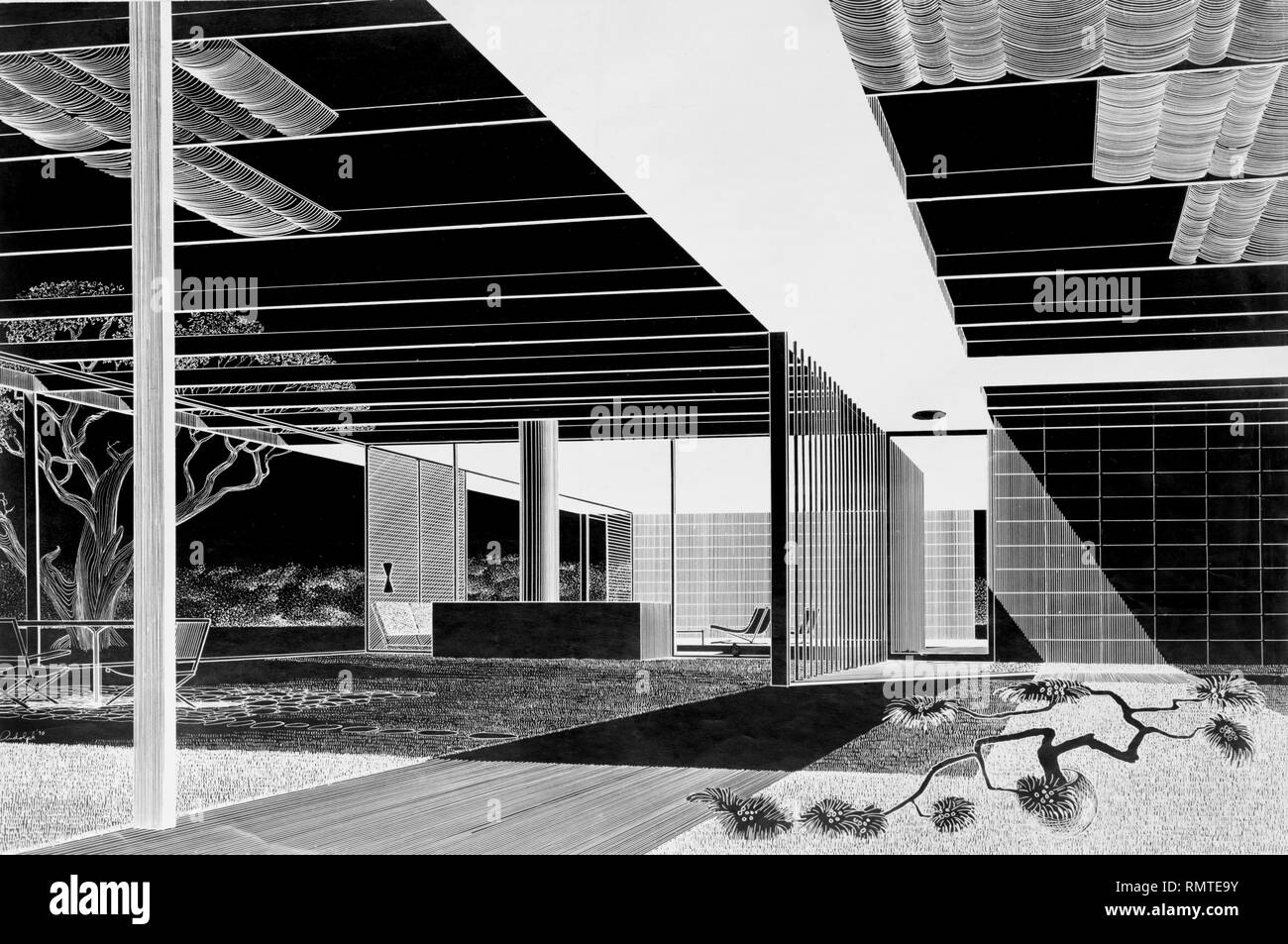 Disegno Architettonico, prospettiva interna, Watson Residence, Gainesville, Florida, Stati Uniti d'America, Paul Rudolph, architetto, Twitchell e Rudolph, 1950 Foto Stock
